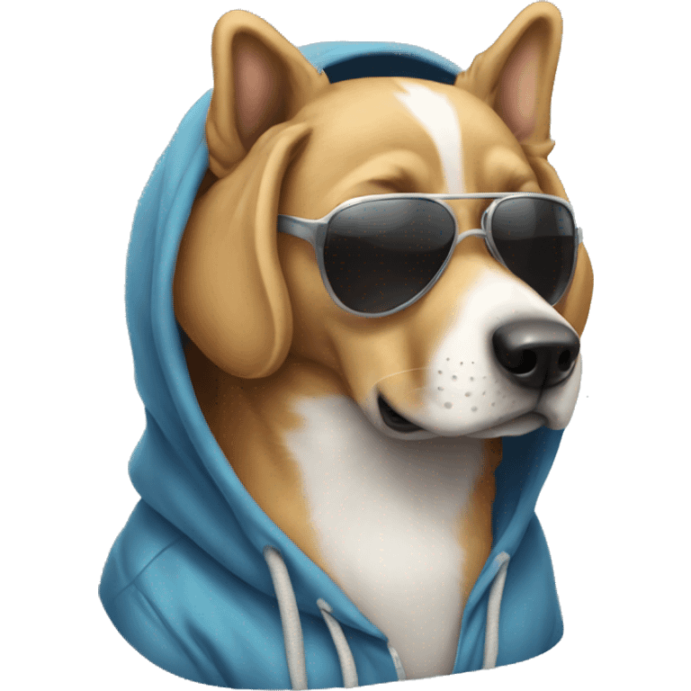 Dog wearing a hoodie and sunnies emoji