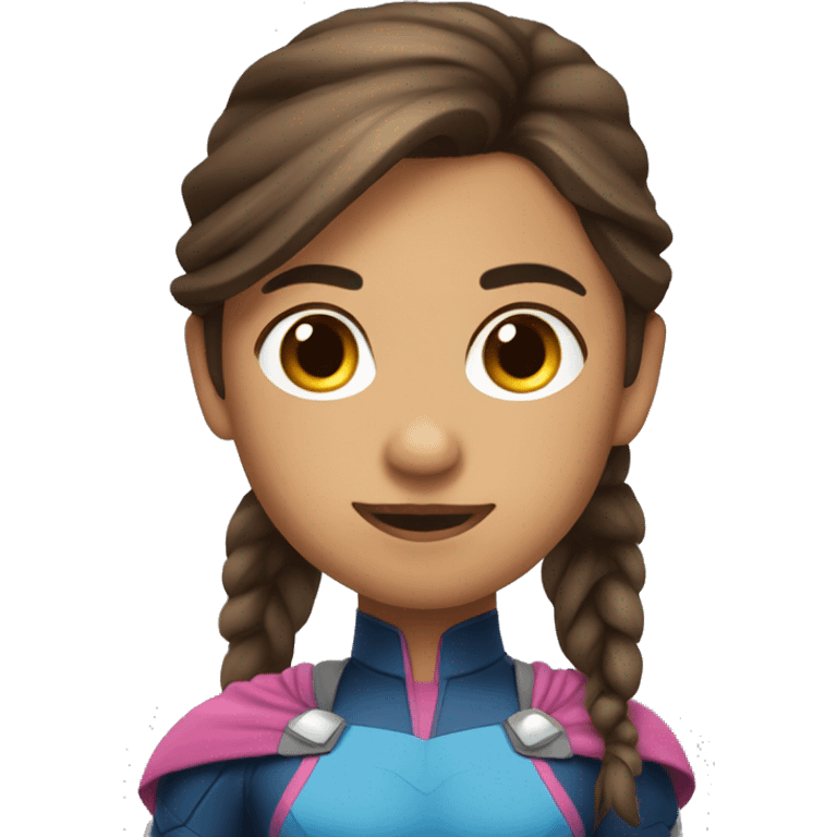 superhero, girl, bangs, long brown hair, pony tail, brown eyes, hispanic emoji