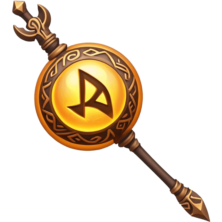 Clash of Clans aesthetic: Cinematic Playful Magic Staff Emoji, rendered in a 3D vector-style similar to standard emojis with minimal shading and bold, simplified shapes. A compact, isometric enchanted staff with intricate runic carvings and a glowing orb at its tip, softly glowing with a mystical arcane charm. Simplified yet unmistakably iconic, highly detailed and consistent, glowing with a soft radiant glow and high shine. Stylized with a touch of legendary sorcery and a soft glowing outline, capturing the essence of a powerful magic staff with a friendly, playful vibe! emoji