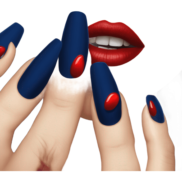 long dark blue manicure at the mouth with red lipstick emoji