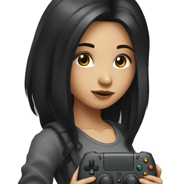 Gamer girl holding console with long sleeve top black hair black brown eyes emoji