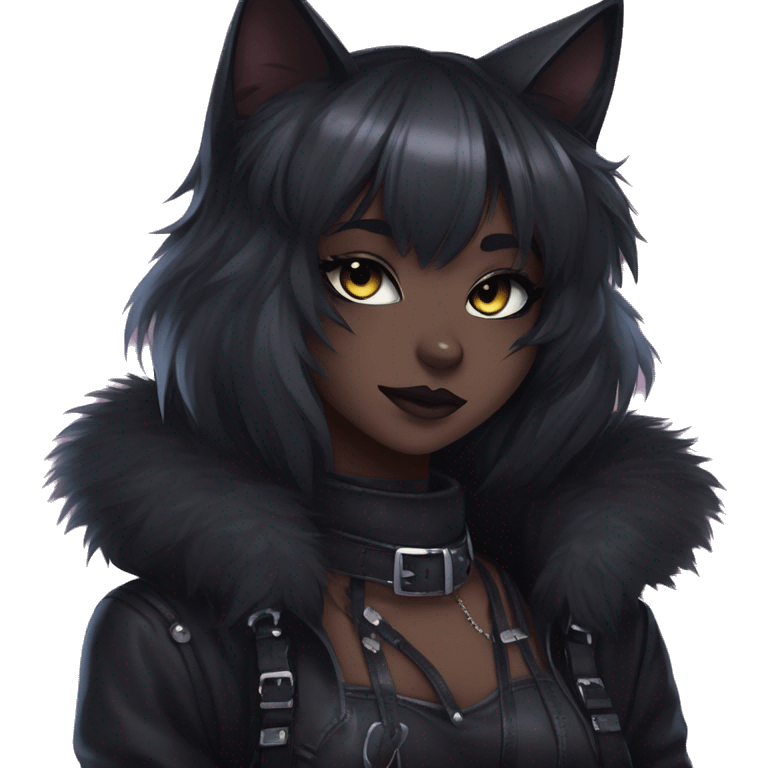 Gorgeous furry gothic dark techwear anime style anthro black cat furry sona with blushing face aesthetic and pretty edgy black with collar and harness trending style emoji