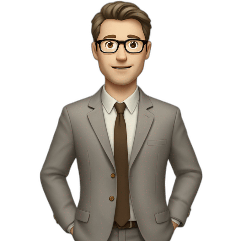 Full height Actively Gesturing Pale skinned fit man with dark brown hair in gray jacket, beige office shirt, brown tie, brown pants and vintage glasses. emoji