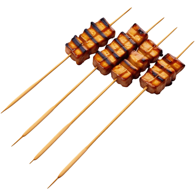 Cinematic Realistic Satay Dish Emoji, depicted as skewered, marinated meat grilled to perfection rendered with rich, smoky textures and dynamic, appetizing lighting. emoji