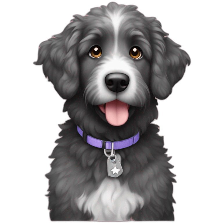 black and gray aussie doodle with a star-shaped tag emoji