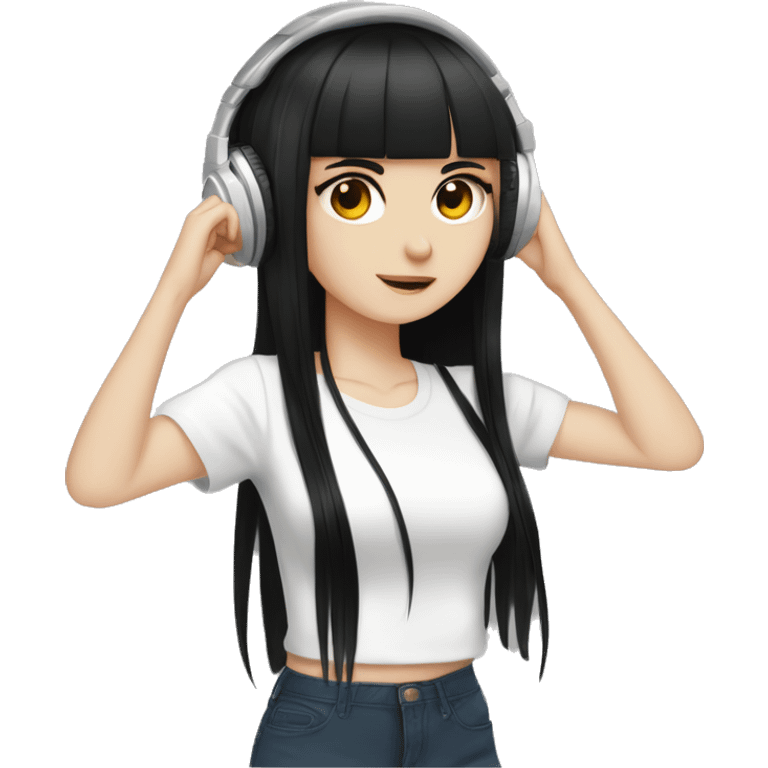 light-skinned girl, 1girl, dark hair, long black hair, bangs, black eyes, blunt  black bangs, white shirt, hime cut, headphones, chillhop emoji