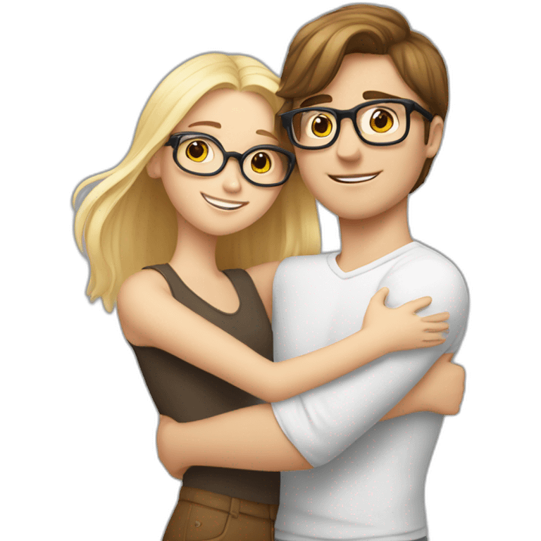 white boy with brown hair and glasses hugs a blonde girl emoji