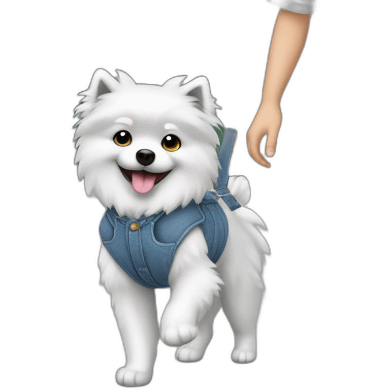 Gray small spitz in overalls walking in emoji