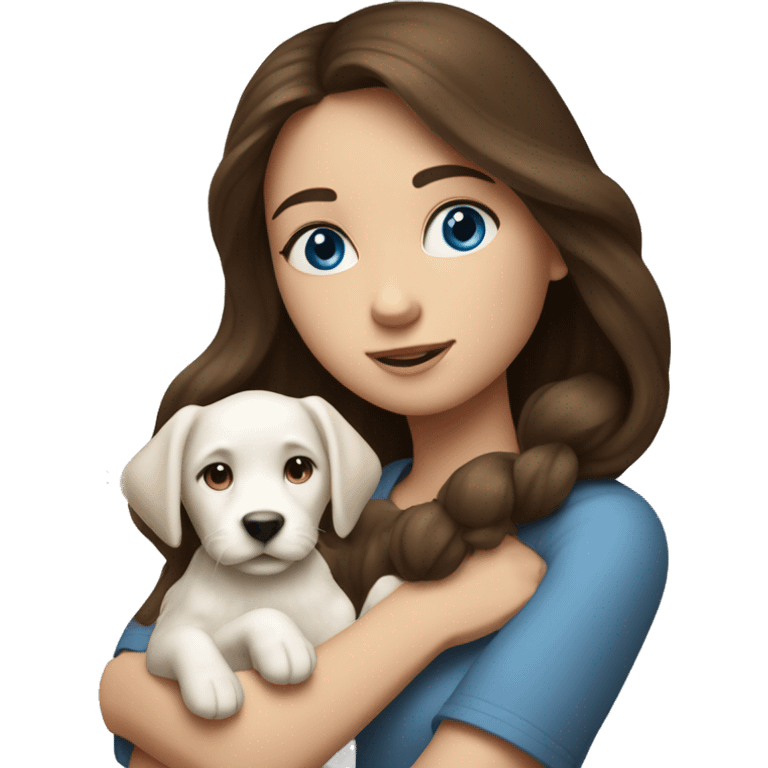 brunette girl with blue eyes holds a puppy of a very long white dog in her arms emoji