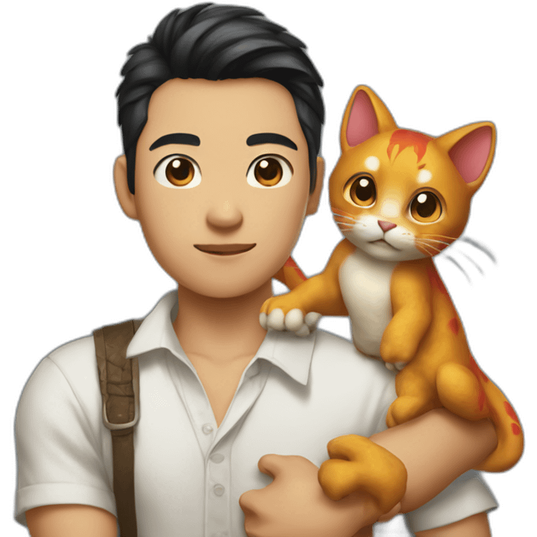 Young Asian man in Cuban-collared shirt holding a Dragon Li cat in his arms emoji