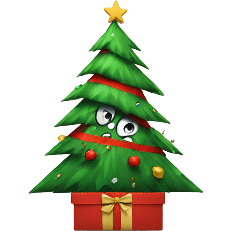 Angry Christmas tree attacking a present emoji