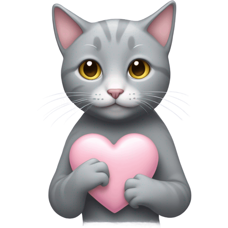 Grey cat holding a pale pink heart emoji