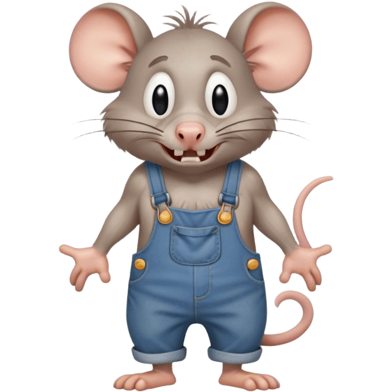  depressed disheveled dizzy cartoon hillbilly rat wearing overalls no shirt. standing and talking full body. human eyes. teeth showing talking. walking talking moving arms. angry expression sad emoji