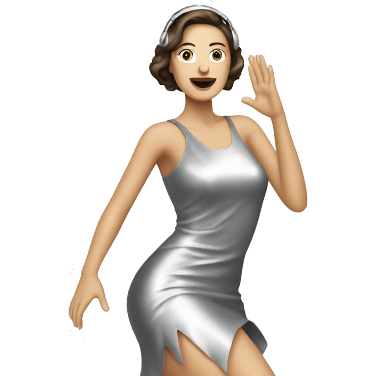 White brunette woman in a silver metallic dress dancing electronic music emoji