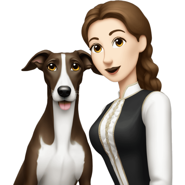 Two aristocrat dog black and white galgo kiss with women brown hair  emoji