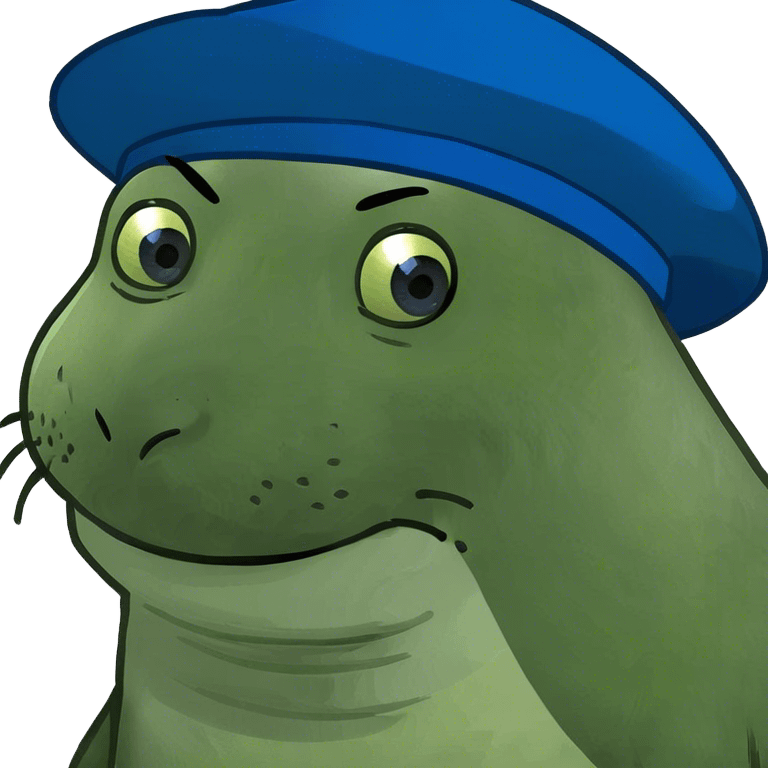 Smirking seal with a blue sideways hat emoji