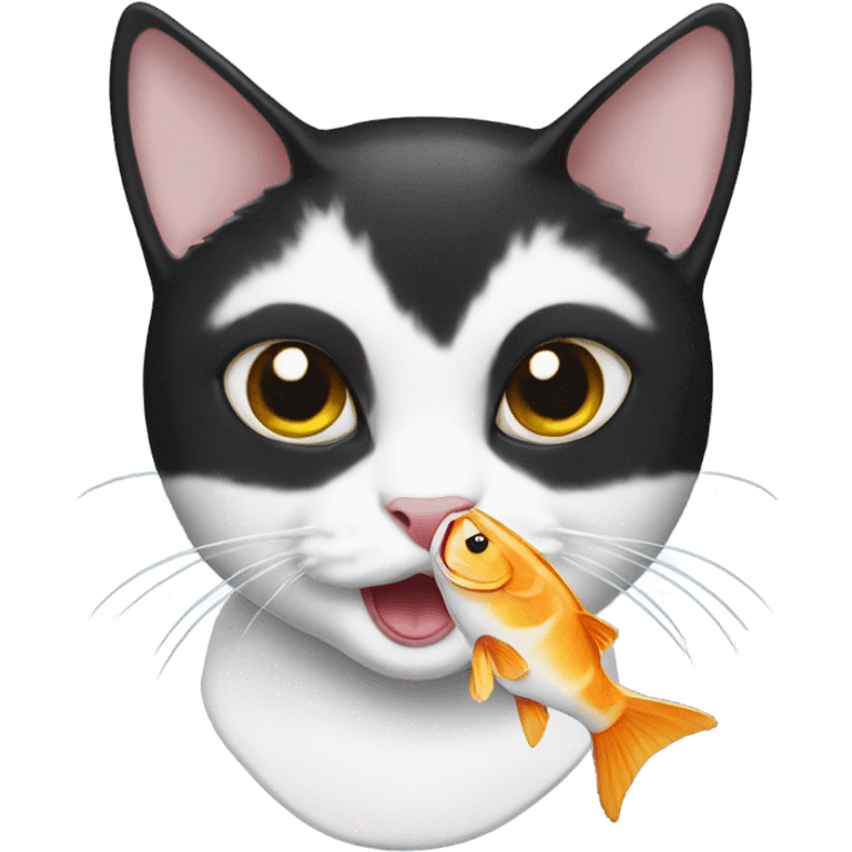 Tuxedo cat holding a fish in mouth emoji