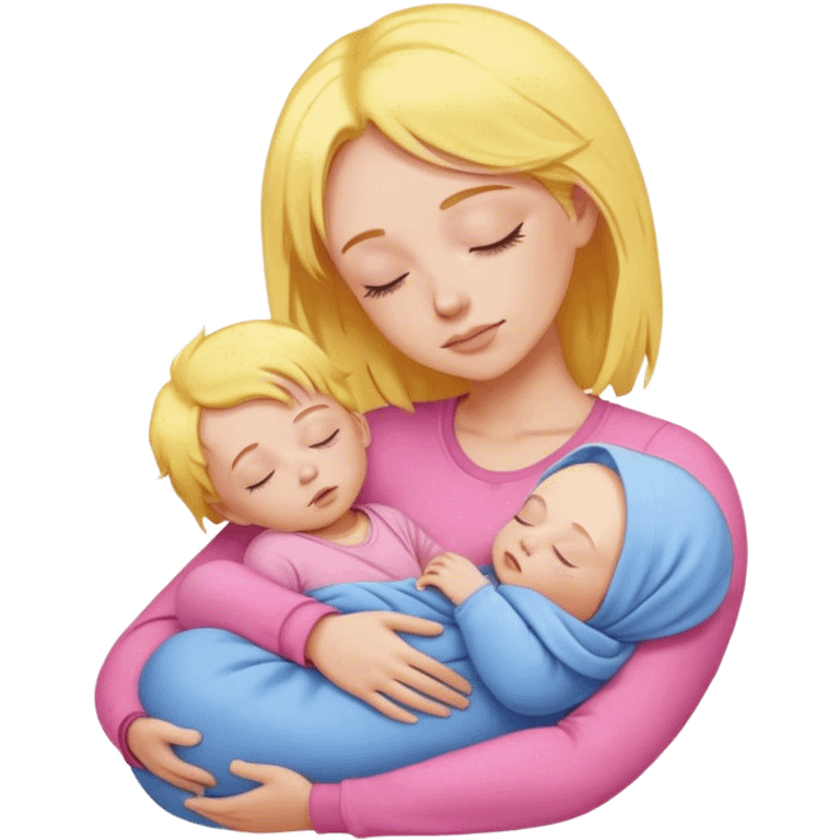 Mother holding baby, mother with yellow hair and pink clothes, baby in blue clothes is sleeping emoji