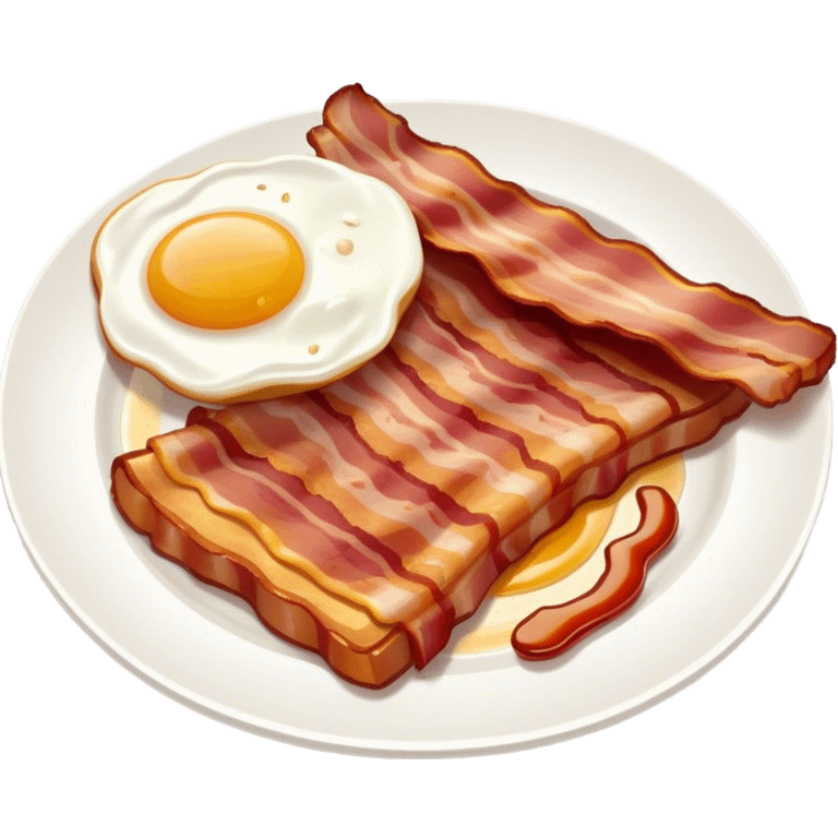 Cinematic crispy sizzling bacon, slightly curled, golden-brown with a perfect crunch, glistening with rich flavor, deep warm tones, served on a breakfast plate, comforting and indulgent. emoji