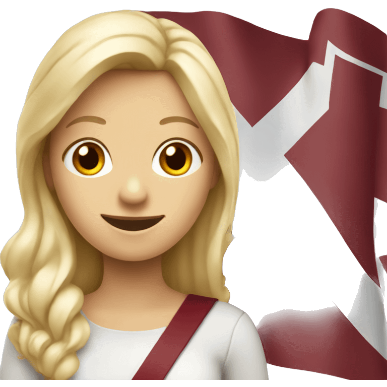 Happy blonde woman with a flag of Latvia in hands emoji