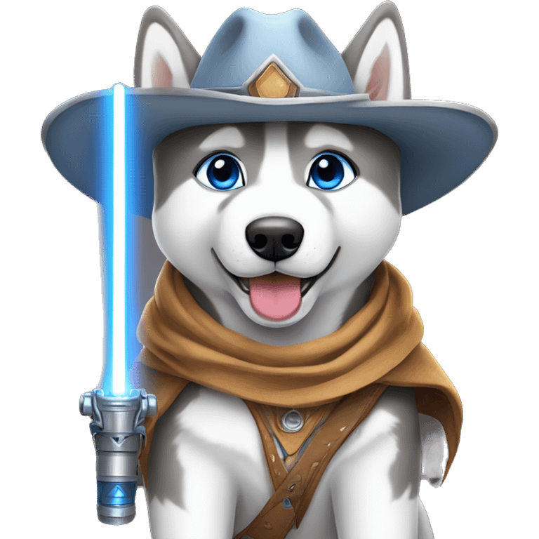 Gray Siberian Husky with blue eyes puppy wearing a cowboy hat dressed in Jedi clothing Holding a Lightsaber On leash  emoji