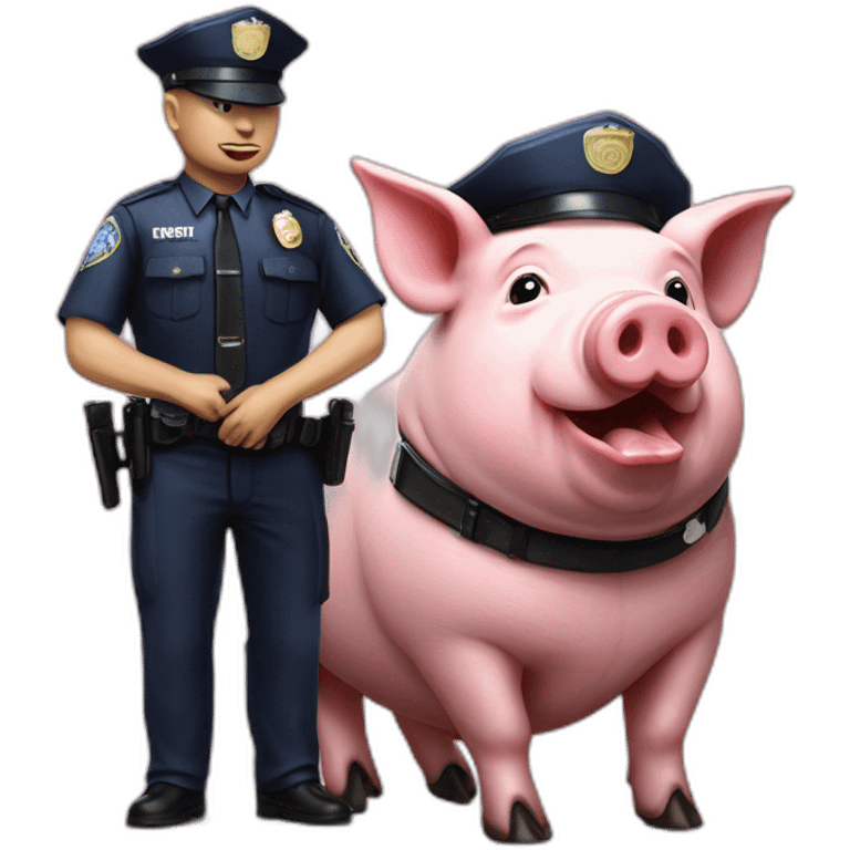 Photorealistic pig Kitted out police officers with donut and service sidearm and pig face emoji