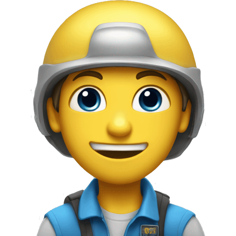 Boy with buck teeth, a blue helmet, blue eyes, a pencil in his nose, and a yellow shirt that say Jeffy emoji