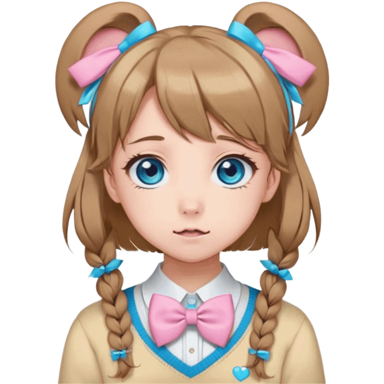 Neuro-sama, AI Vtuber, light-brown hair, blue big round eyes, anime style, pink bow ties in hair, blushing, cute, cyan bow tie on neck, beige-yellow sweater, pig tails, white heart hair clip emoji