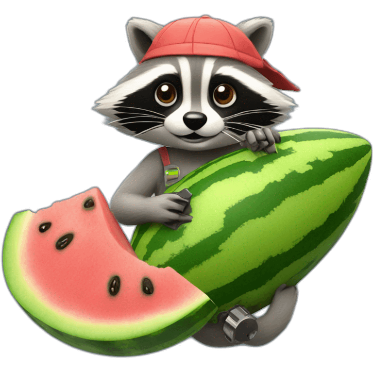 A raccoon with a watermelon behind the wheel of a car and a spanner emoji