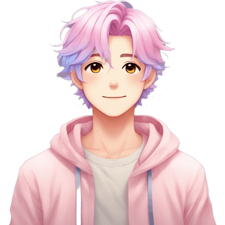 Gorgeous romantic anime style shojo man with blushing face aesthetic and pretty colorful shiny gradient pastel hair trending style emoji