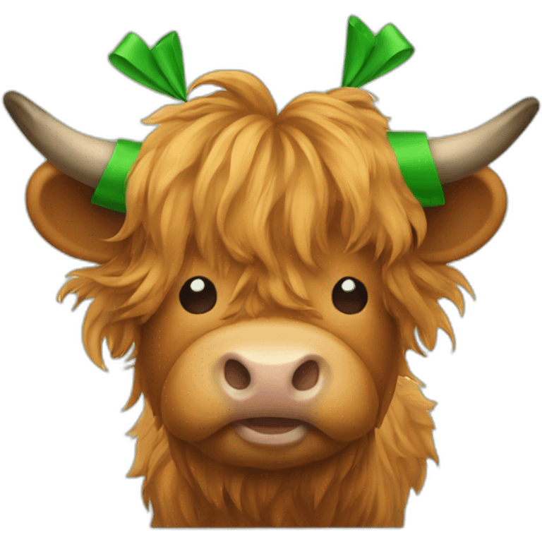 Maple the highland cow with a green bow on top of her head emoji