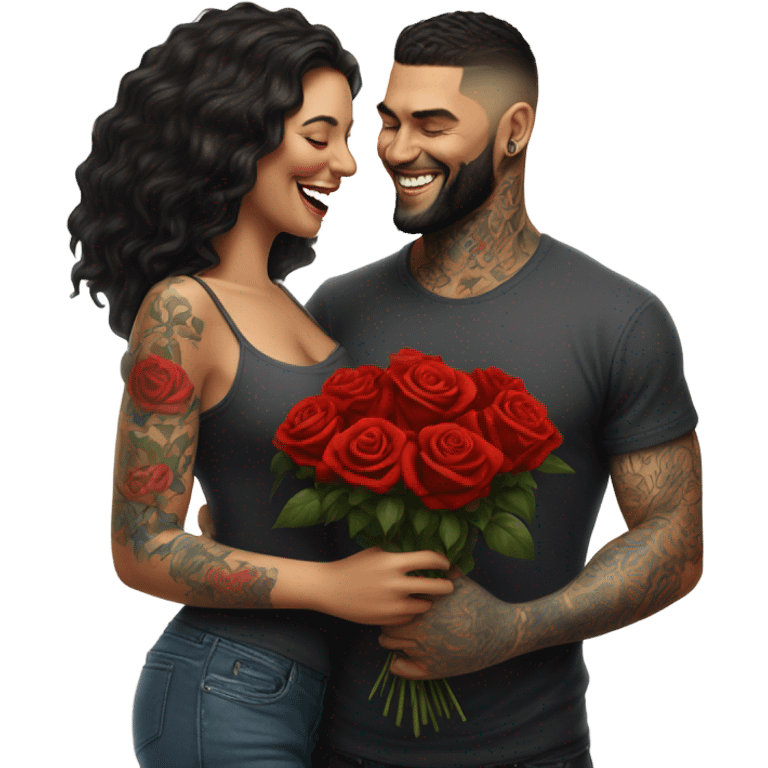 Hyper Realistic beautiful woman smells bouquet of bright red roses laughing with handsome tattooed man  emoji