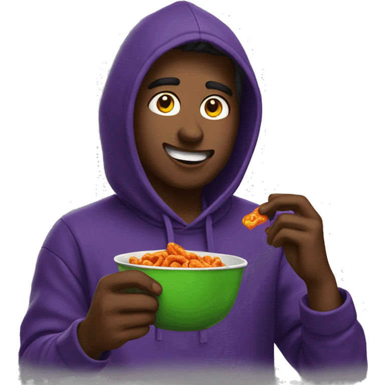 student wearing a hoodie while eating takis emoji