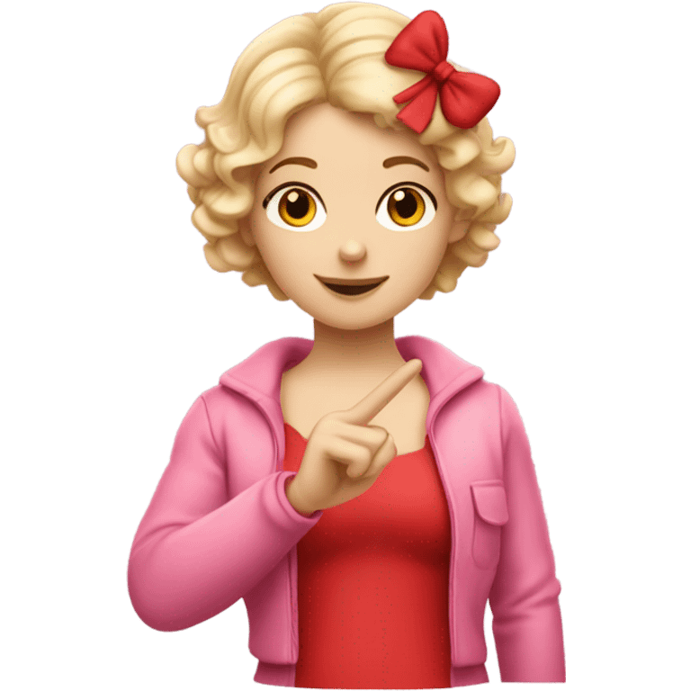 Realistic isolated Caucasian female cupid character with short curly blonde hair holding up peace fingers with red and pink outfit and red bow in her hair. emoji