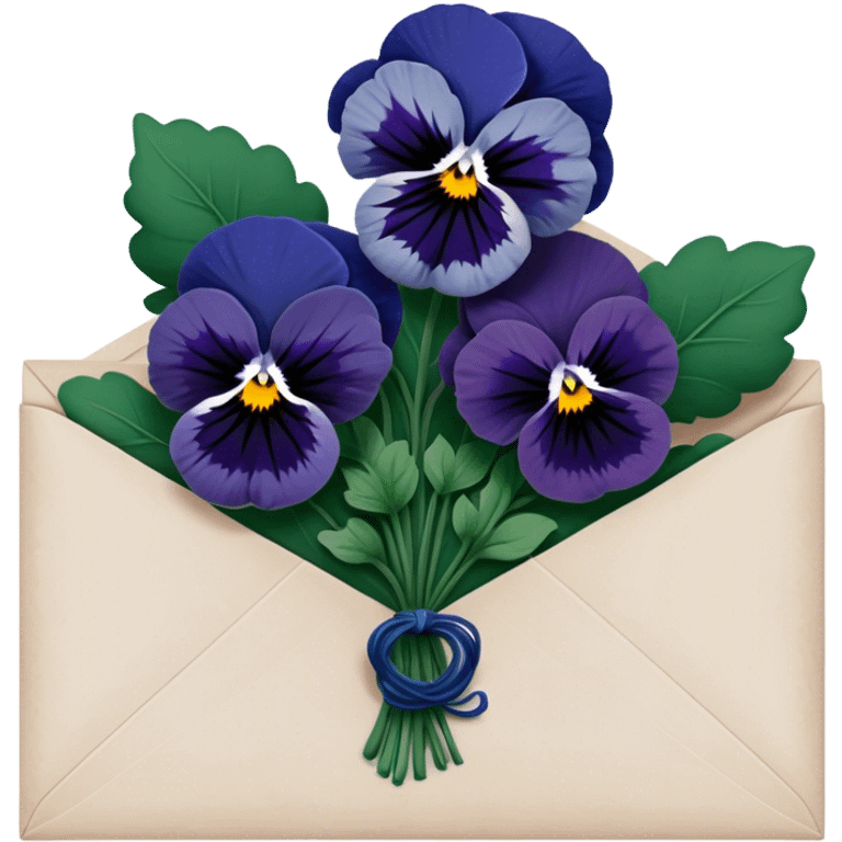 A gracefully aged love letter sealed with a deep green wax stamp, resting beside a navy blue bouquet of pansies. emoji