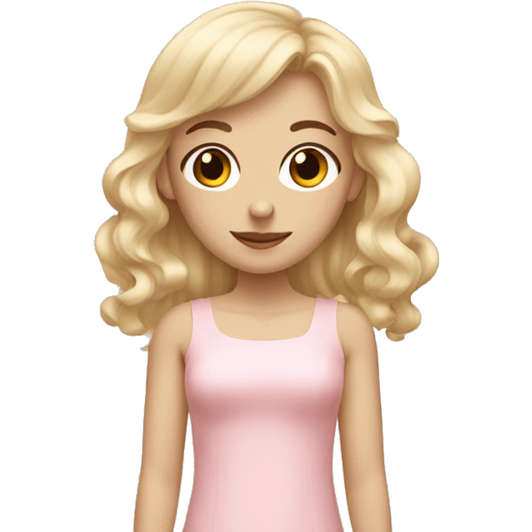 Blonde, pale girl with bangs and curly hair and a pastel pink dress emoji