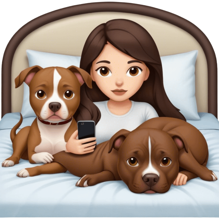 Girl long dark brown hair lays on her bed with her cell phone and her brown pit bull lays guarding her emoji