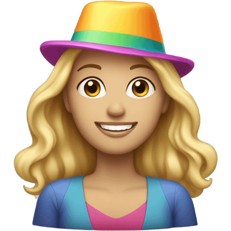 White woman, long hair, blonde hair, wavy hair, birthday hat emoji