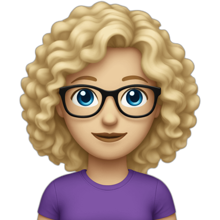 caucasian curly blonde long haired blue eyed woman with purple t-shirt and black glasses emoji