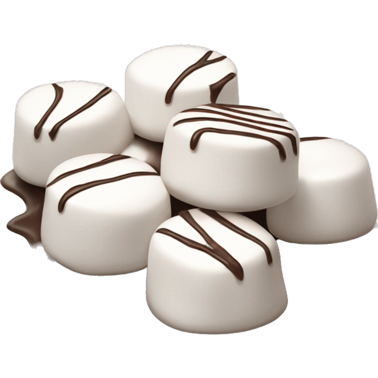 small pile of isolated realistic white marshmallows with chocolate drizzled on  top of them. emoji