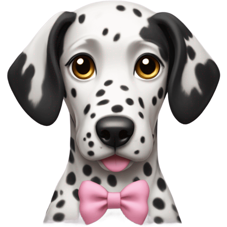 a female Dalmatian with brown eyes and all black ears wearing a pink bow emoji