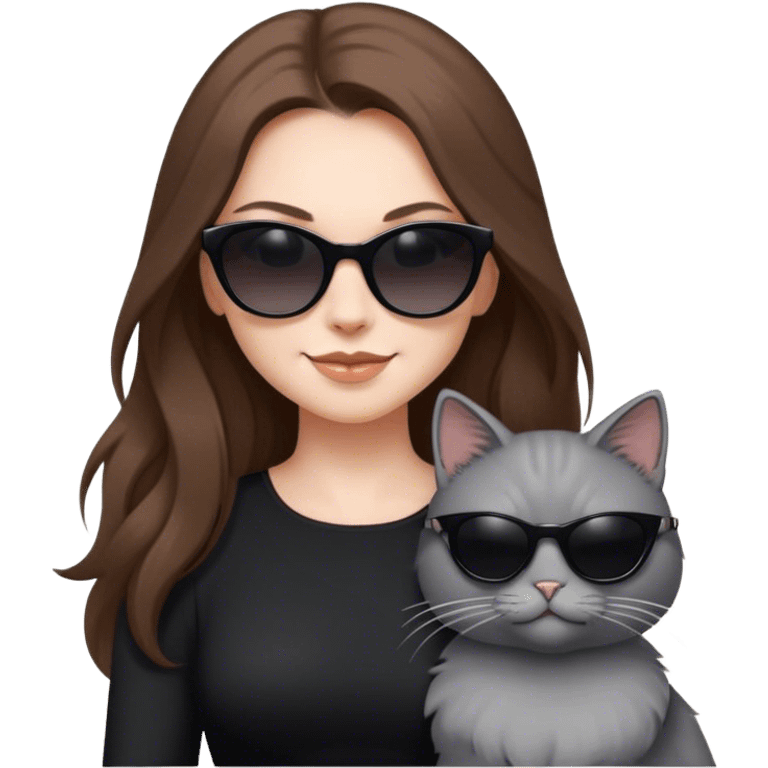 White woman with long brown hair wearing dark sunglasses and a black dress. She is smirking. next to her is a fluffy light grey cat who is also wearing dark sunglasses emoji