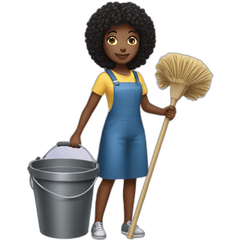 pretty black young lady holding a bucket and a mop emoji