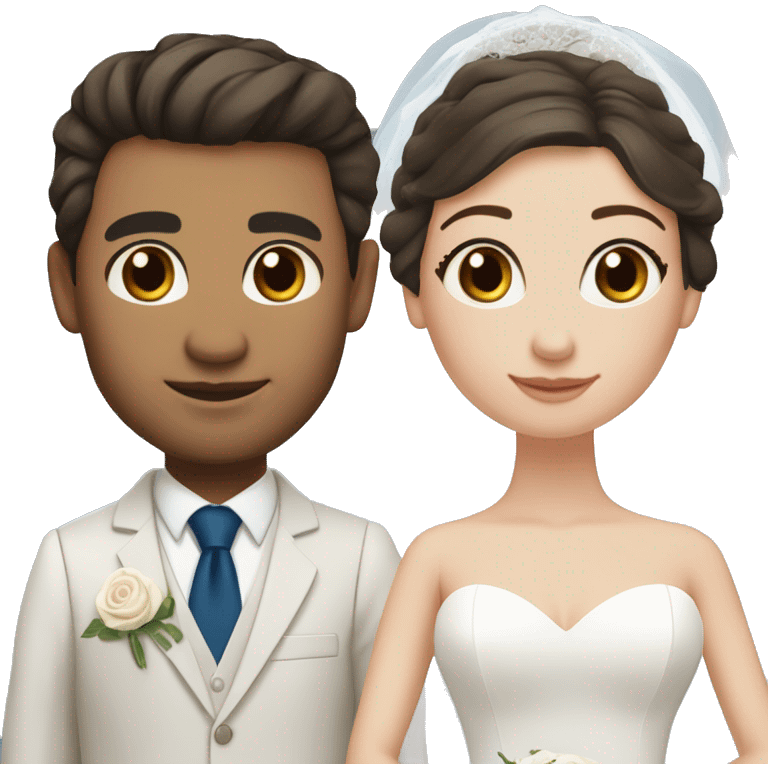 Bride with pale skin, dark brown hair & blue eyes standing with Groom with olive skin, dark brown hair and brown eyes emoji