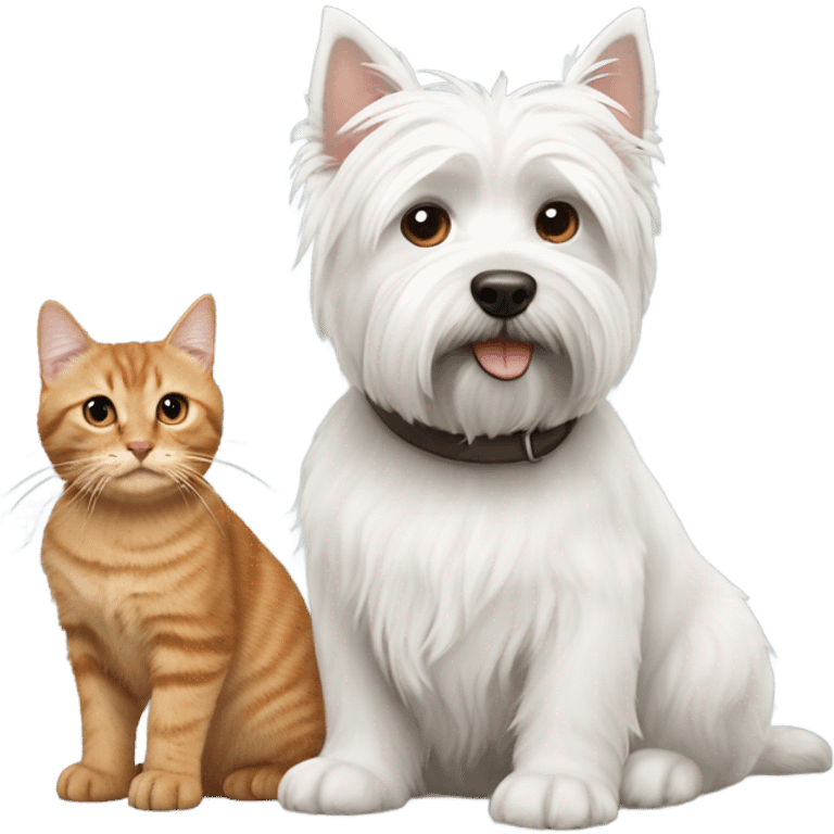 West Highland white terrier with brown cat and grey cat emoji