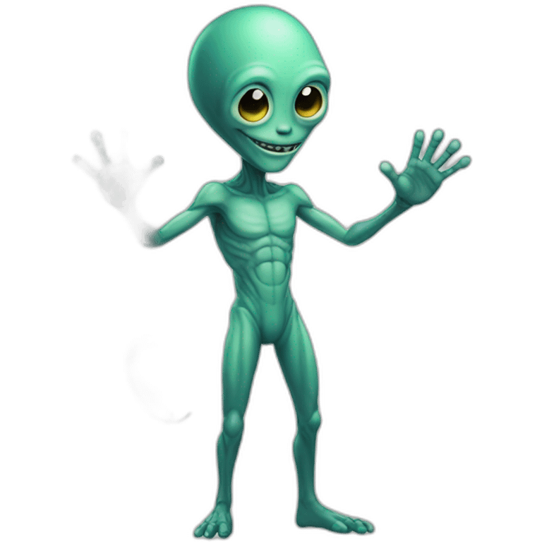 A friendly full-length alien greeting with his right hand emoji