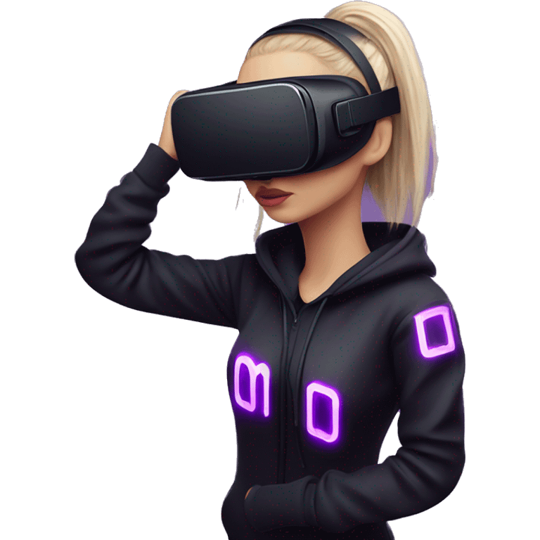 Russian girl wearing black hoody with violet letters "OMG", in vr headset. Cyberpunk style. Violet neon. emoji