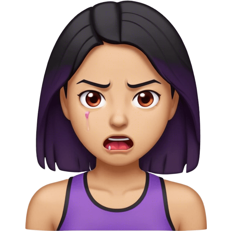 A digitally illustrated emoji-style character of a woman with shoulder-length black hair, wearing a purple shirt. Her expression shows extreme exhaustion or dehydration—her eyes are bloodshot and dry, her tongue is sticking out, and she has a single sweat drop on her cheek. The image has a clean white background emoji