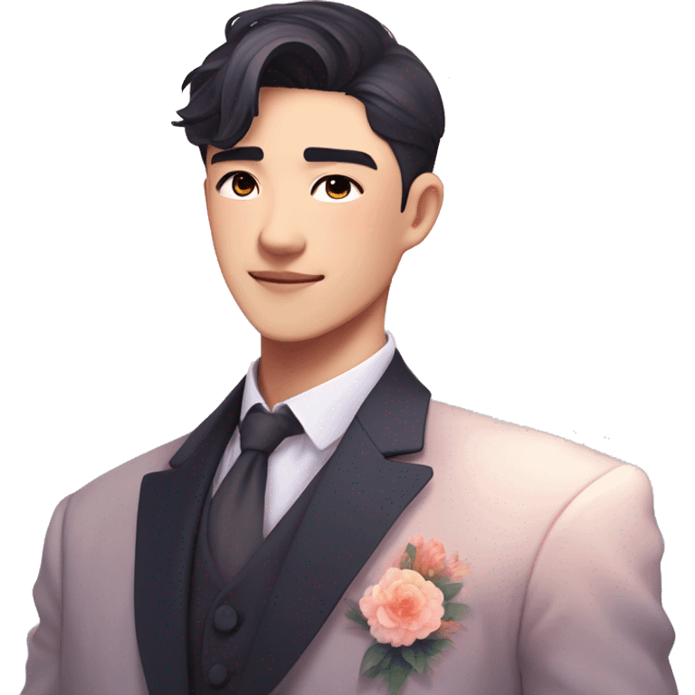 Gorgeous romantic anime style Asian formal modern gentlemanly guy with flowers and blushing face aesthetic trending style outside with colorful gradient colors emoji