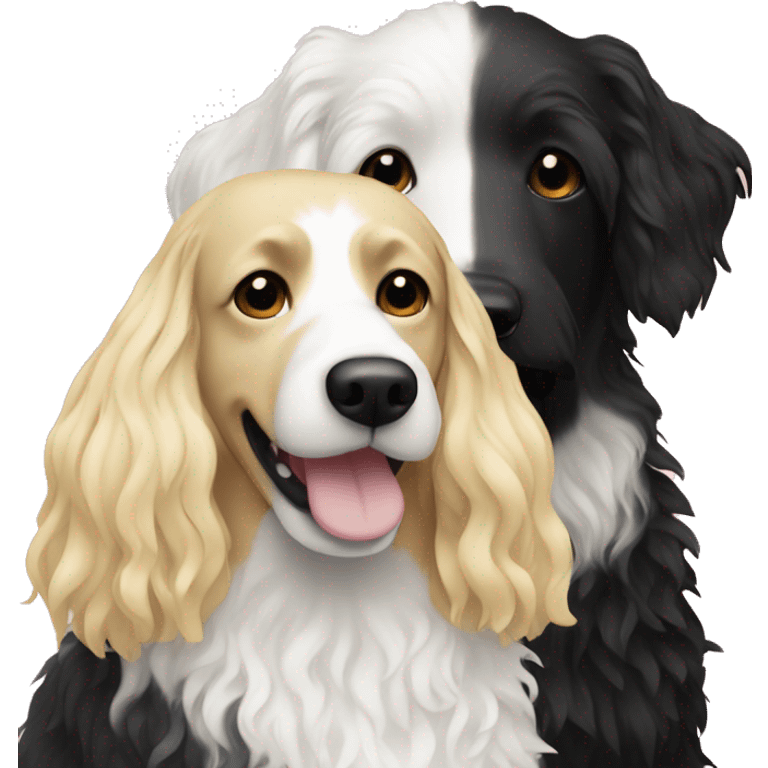 white woman with long blonde hair alongside a black and white colored bernadoodle dog  emoji